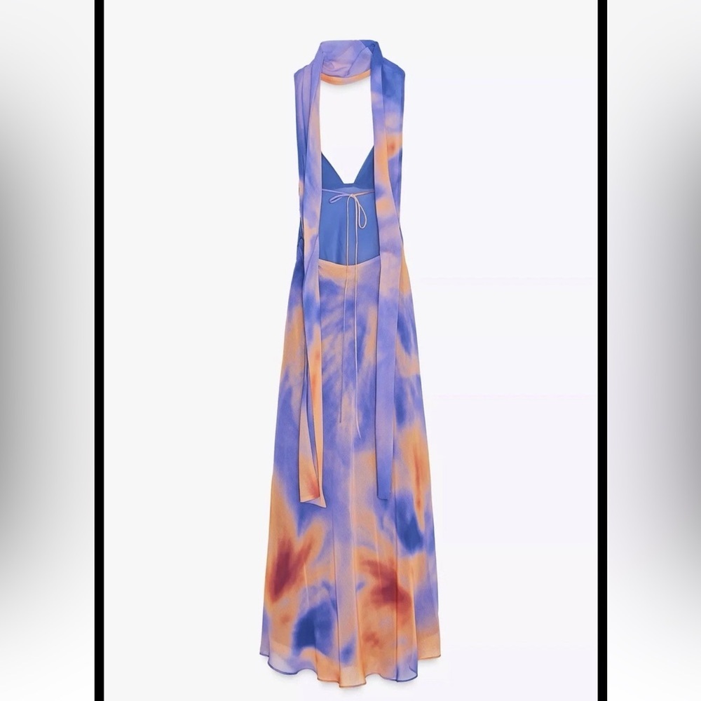 ZARA FOULARD PRINT TULLE LONG HALTER DRESS - Picture 10 of 10